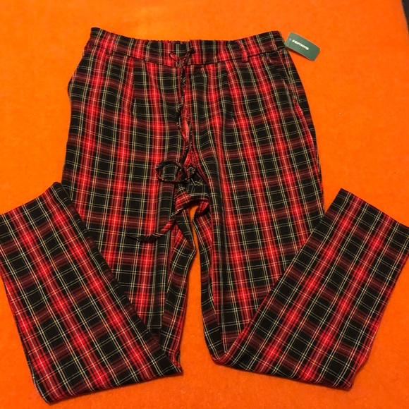 Red check tartan high rise lace-up waist granpa pants NWT - Picture 2 of 8